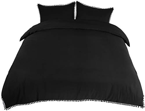 3 Pcs Duvet Cover Set With Pompoms,110gsm Brushed Polyester Microfiber Bedding Set,Duvet Cover & 2 Pillowcase,Zipper Closure & Corner Ties(No Duvet) Queen Black