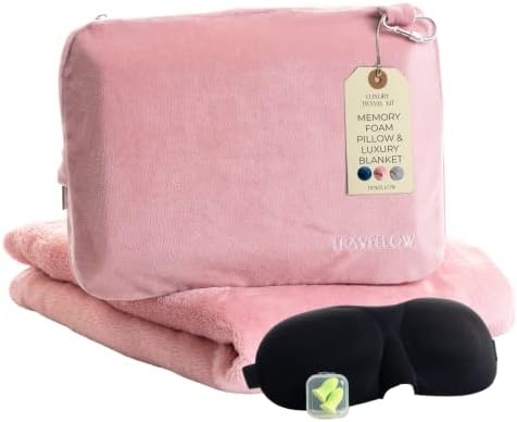 Travellow Travel Pillow And Blanket Set - 4-in-1 Ultimate Travel Kit With Memory Foam Pillow, Travel Blanket, Sleep Mask, And Earplugs-Ultimate Comfort And Coziness For Your Journeys - Blue