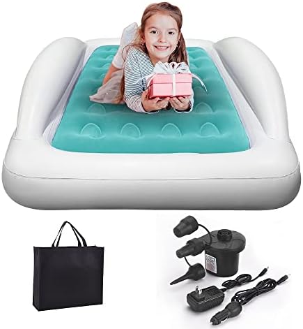 Inflatable Toddler Travel Bed - Portable Toddler Bed For Kids, Camping Air Mattress Blow Up Toddler Bed With Sides, Air Bed Idea For Sleeping Indoor Road Trip Camping Sleepovers(Blue)