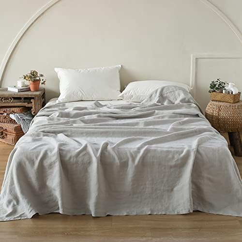 Simple&Opulence French Linen Flat Sheet With Embroidered Border-100% Stone Washed Flax Bedding,Queen Size(90''x102'') Ultra Soft,Breathable Flat Top Sheet-1 Piece Bed Flat Sheet Only(Linen)
