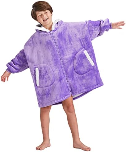 FAYBOX Wearable Blanket Hoodie With Zip For Kids,Fuzzy Warm Sherpa Comfy Oversized Hoodie Blanket Plush Sweatshirt-Light Grey