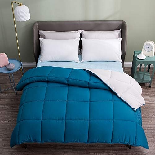 Eversible Down Alternative Quilted Comforter, Hypoallergenic & Lightweight For Spring, Duvet Insert With Corner Tabs, Full/Queen Size, Teal Blue/White