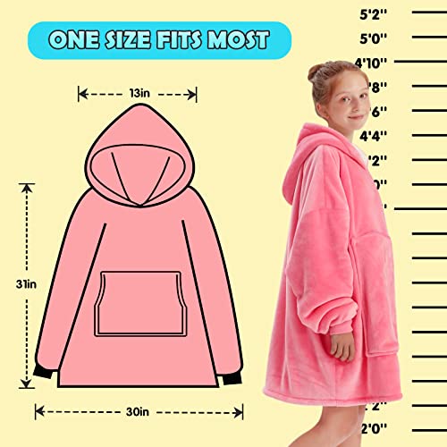 Yescool Wearable Blanket Sweatshirt Kids, Oversized Blanket Hoodie With Sherpa For Kids, Youth, Boys, Girls, Portable Warm Travel Pillow, Teen Wearable Blankets, Hand Warmer, One Size, Pink