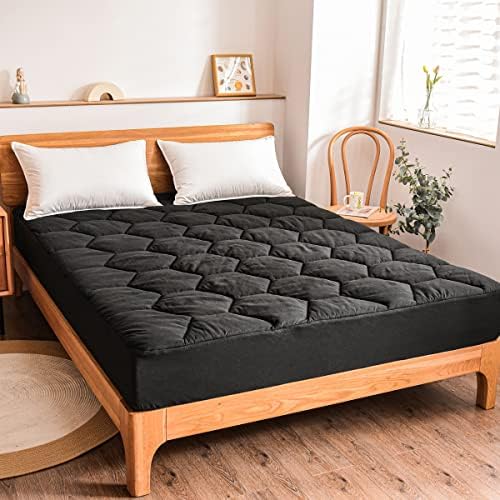 Quilted Mattress Pad Cover, Soft Breathable Honeycomb Hexagonal Design Mattress Topper, Thick Warm Fitted Mattress Protector, Stretches Up To 19" Deep Pocket (Black, Queen)