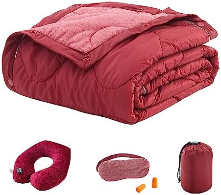 Commollis 4-in-1 Airplane Essentials-Travel Blanket And Pillow Set For Airplanes - Includes Blanket, Inflatable Pillow, Eye Mask, And Earplugs