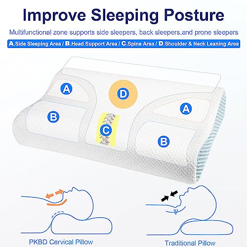 PKBD Queen Size Memory Foam Pillow With 2Pcs Pillowcases,Neck And Shoulder Pain Relief,Ergonomic Orthopedic Cervical Sleeping Pillow Neck Contour Support Bed Pillow For Side,Back And Stomach Sleepers