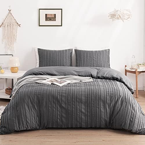WARMDERN White Boho Duvet Cover Set Queen Size, Striped Textured Tufted Bedding Set, 3 Pcs Ultra Soft Washed Microfiber With Zipper Closure (Queen, White)