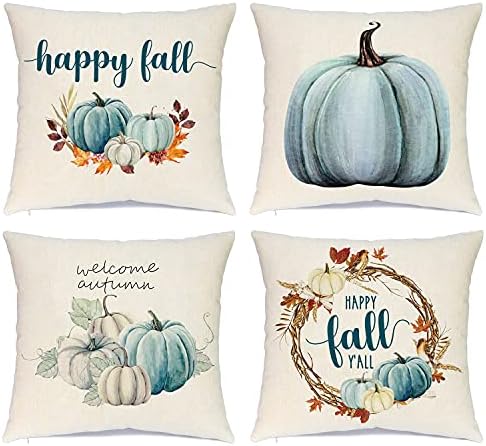 Farmhouse Fall Throw Pillow Covers 18x18 Set Of 4, Autumn Pumpkin Decorative Pillow Covers, Thanksgiving Pillows Cases Harvest Cushion Cases For Couch Sofa, Outdoor Home Decor