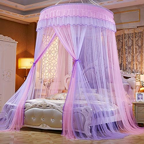 Bed Canopy For Girls - Princess Elegant Lace Round Sheer Mesh Bed Curtains - Canopy For Girls Room Bedding Net For Twin Full Queen King Size (Pink And Blue)