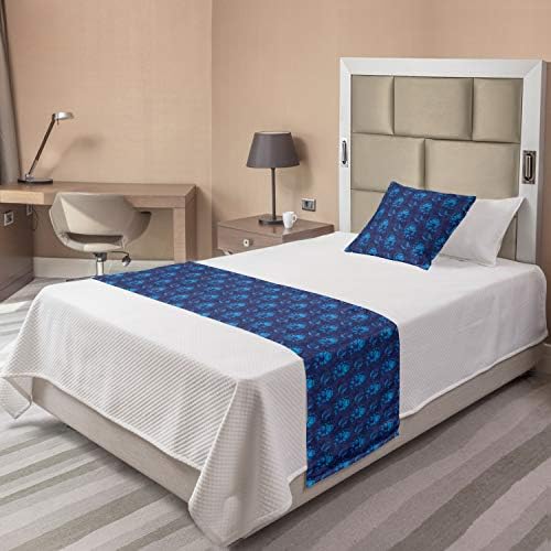 Ambesonne Floral Bed Runner Set, Boho Flower Bouquets Field Russian Folk Ethnic Blossoms Art Pattern, Decorative Bedding Scarf And 2 Pillow Shams For Hotels Homes, Dark Indigo And Azure Blue