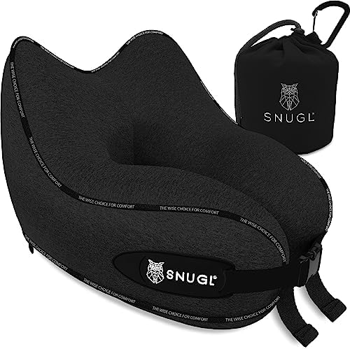 SNUGL Travel Pillow - Memory Foam Neck Cushion - Flight Pillow | Support Neck Pillow For Travel | Travel Neck Pillow For Airplane With Carry Bag & Clip | Flying Travel Essentials (Jet Black - Regular)