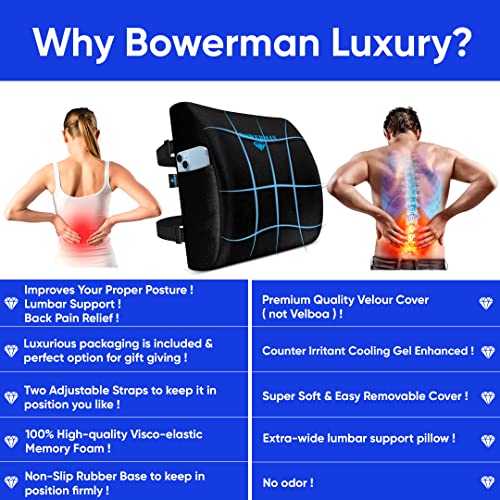 BOWERMAN Memory Foam Lumbar Support Pillow | Premium Quality - Counter Irritant Cooling Gel Enhanced -100% Orthopedic | Back Pain Relief - Pure Viscoelastic - Improves Posture