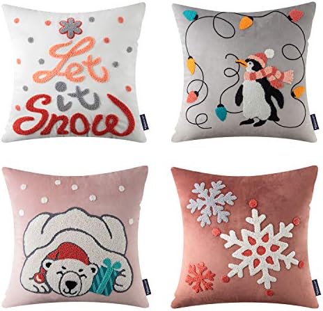 Phantoscope Set Of 4 Merry Christmas Decorative Velvet Throw Pillow Covers Xmas Cushion Cover With Embroidered Lantern, Penguin, Bear, Snowflake For Couch Sofa Bed, Blue, 18 X 18 Inches