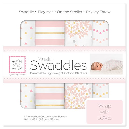 SwaddleDesigns Cotton Muslin Swaddle Blankets, Set Of 4, Pastel Pink Butterflies And Posies, 46x46 Inch (Pack Of 4)