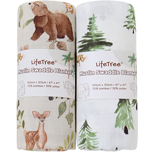 LifeTree Muslin Swaddle Blankets Neutral, Baby Swaddling Wrap Nursery Receiving Blanket For Boys & Girls Unisex, Soft Bamboo Cotton, Large 47 X 47 Inches, Bear & Checkered Coffee