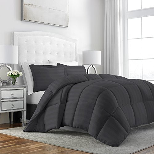 Luxury Goose Down Alternative Dobby Striped Comforter 3-Piece Set - Premium Hypoallergenic All Season Duvet Set - King/Cal King - Gray