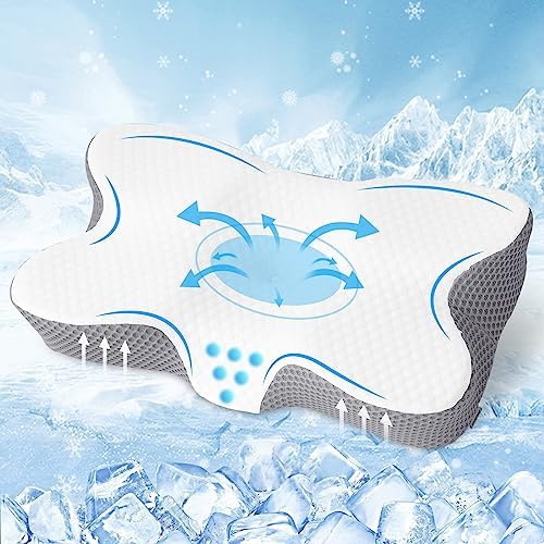 HOMFINE Cervical Memory Foam Cooling Pillow - Ergonomic Pillow For Neck And Shoulder Pain, Orthopedic Contoured Support Pillow For Side, Back And Stomach Sleepers With Breathable Cooling Cover,Grey