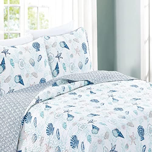 Great Bay Home 2-Piece Twin Reversible Lightweight Nautical Quilt Comforter With 1 Sham | All-Season, Beach Bedspreads | Blue Coastal Coverlet Sets | Casco Bay Quilts Collection