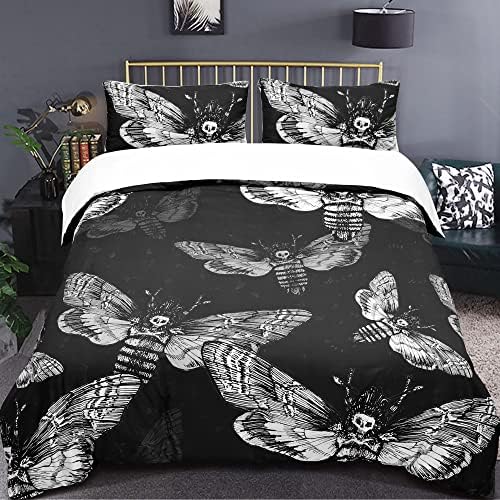Zhh Death Moth Skull Duvet Cover 3Pcs Queen Size Black Gothic Bedding Soft Microfiber Fashion Printed Skeleton Comforter Cover (1 X Quilt Cover, 2 X Pillowcases)