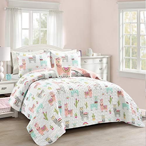 Make A Wish Southwest Llama Cactus White & Blush Reversible Print 4 Piece Quilt Set, Full Queen