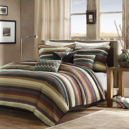 Quilt Rustic Southwestern - All Season, Breathable Coverlet Bedspread, Lightweight Bedding, Shams, Decorative Pillow, King/Cal King(104"x94"), Yosemite, Stripes Purple/Teal 6 Piece