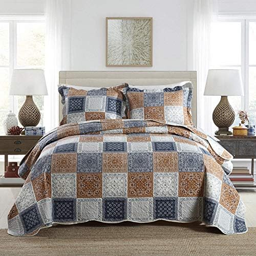 NEWLAKE Bohemian Floral Pattern Bedspread Quilt Set With Real Stitched Embroidery,Queen Size