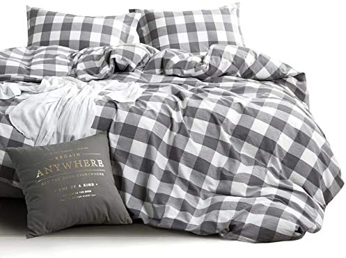 Wake In Cloud - Red Black Plaid Duvet Cover Set, 100% Washed Cotton Bedding, Buffalo Check Gingham Plaid Geometric Checker Pattern, With Zipper Closure (3pcs, Queen Size)