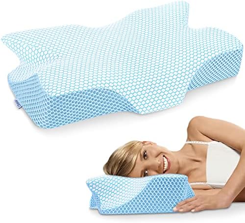 Cervical Memory Foam Pillows For Neck Pain, Neck Pillows For Pain Relief Sleeping, Contour Orthopedic Pillow For Side Back Stomach Sleeper - Blue, Firm