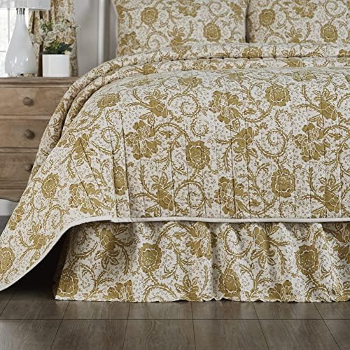 Dorset, Farmhouse Bed Skirt Dust Ruffle, Floral, Queen, Gold, 60x80x16