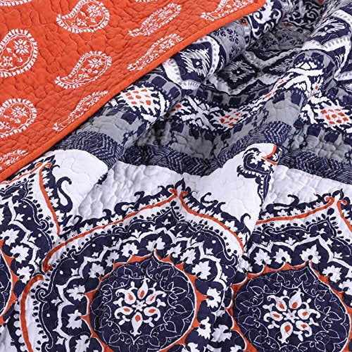 Finely Stitched Boho Chic Moroccan Paisley Pattern Grey Orange Cotton 3 Piece King Size Quilt Bedding Set - Includes Bed Sheet Straps