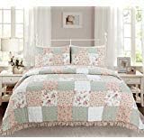  Cozy Line Home Fashions 100% Cotton Real Patchwork Floral Pink Rose Shabby Chic Girly Reversible Quilt Bedding Set, Coverlet Bedspread (La Rosa Rêve, King - 3 Piece)