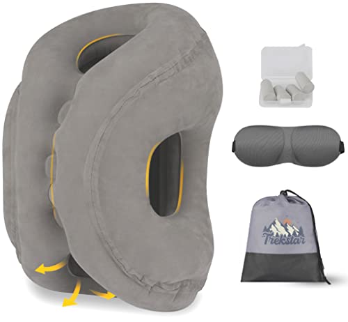  TrekStar Inflatable Travel Neck Pillow | Ergonomic Design | Support Head, Neck Pain For Sleeping Aid In Airplane/Buses/Office/Cars/Trains With Free Eye Mask, Earplugs