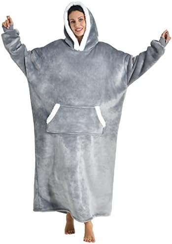  Wearable Blanket Hoodie For Women/Kids/Men, Oversized & Cozy Sherpa Lined Hoodie Sweatshirt Blanket Grey