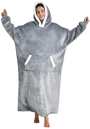  Wearable Blanket Hoodie For Women/Kids/Men, Oversized & Cozy Sherpa Lined Hoodie Sweatshirt Blanket Grey