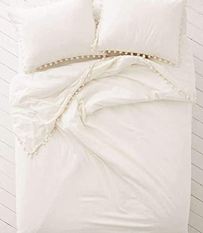  White Pom Pom Duvet Cover Fringed Cotton Cover Full Queen, 86“x90”