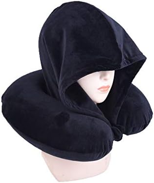  Fashion Look U Shaped Memory Foam Neck Head Support Travel Pillow With Velvet Hoodie - Best Comfort Pain Relief For Long Trip, Air Bus Traveling, Car Driving (Solid Black)