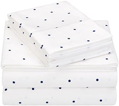  Amazon Brand – Pinzon 170-Gram Flannel Cotton Bed Sheet Set, Queen, Navy Dot