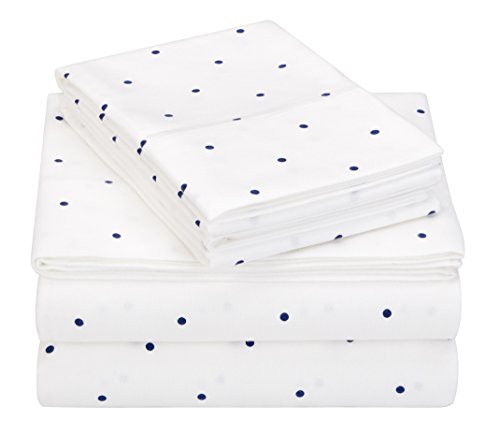  Amazon Brand – Pinzon 170-Gram Flannel Cotton Bed Sheet Set, Queen, Navy Dot