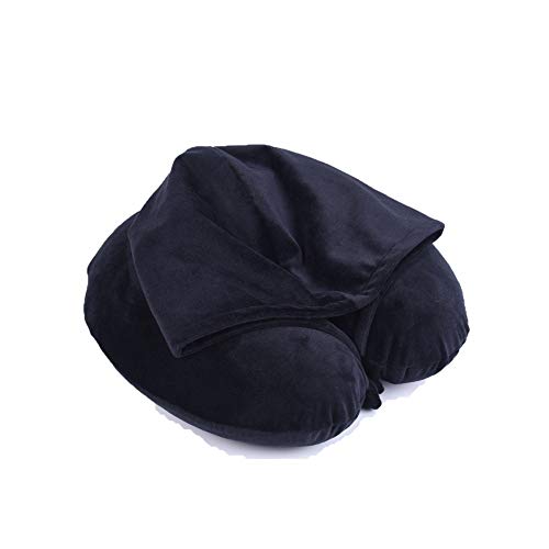  Fashion Look U Shaped Memory Foam Neck Head Support Travel Pillow With Velvet Hoodie - Best Comfort Pain Relief For Long Trip, Air Bus Traveling, Car Driving (Solid Black)