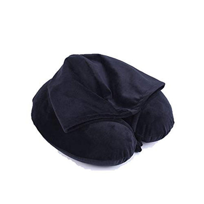  Fashion Look U Shaped Memory Foam Neck Head Support Travel Pillow With Velvet Hoodie - Best Comfort Pain Relief For Long Trip, Air Bus Traveling, Car Driving (Solid Black)