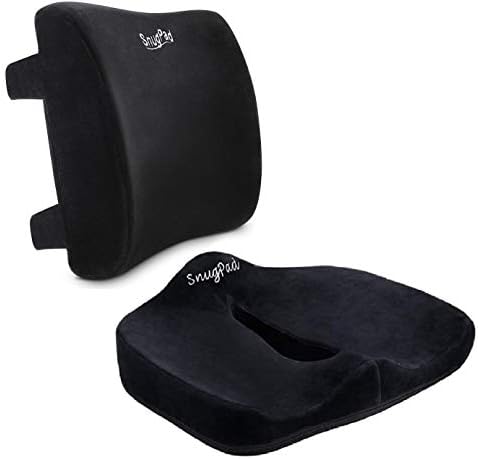 SnugPad Memory Foam Lumbar Pillow And Seat Cushion Combo, Ergonomic, Orthopedic, Lower Back Support, Premium Washable Velvet Covers With Non-Slip Bottom, Ideal For Office Chairs And Car Seats (Black)