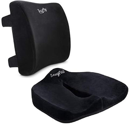  SnugPad Memory Foam Lumbar Pillow And Seat Cushion Combo, Ergonomic, Orthopedic, Lower Back Support, Premium Washable Velvet Covers With Non-Slip Bottom, Ideal For Office Chairs And Car Seats (Black)