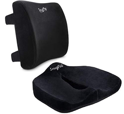  SnugPad Memory Foam Lumbar Pillow And Seat Cushion Combo, Ergonomic, Orthopedic, Lower Back Support, Premium Washable Velvet Covers With Non-Slip Bottom, Ideal For Office Chairs And Car Seats (Black)