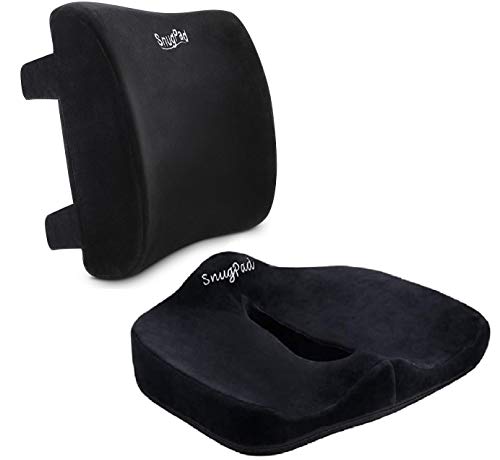  SnugPad Memory Foam Lumbar Pillow And Seat Cushion Combo, Ergonomic, Orthopedic, Lower Back Support, Premium Washable Velvet Covers With Non-Slip Bottom, Ideal For Office Chairs And Car Seats (Black)