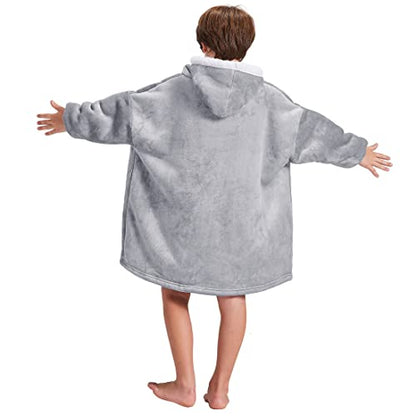  FAYBOX Wearable Blanket Hoodie With Zip For Kids,Fuzzy Warm Sherpa Comfy Oversized Hoodie Blanket Plush Sweatshirt-Light Grey