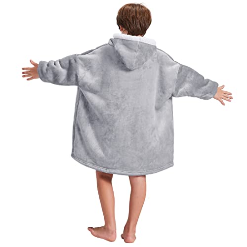  FAYBOX Wearable Blanket Hoodie With Zip For Kids,Fuzzy Warm Sherpa Comfy Oversized Hoodie Blanket Plush Sweatshirt-Light Grey