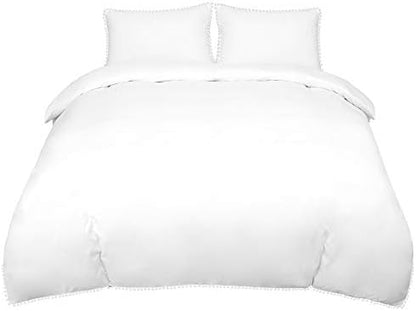  3 Pcs Duvet Cover Set With Pompoms,110gsm Brushed Polyester Microfiber Bedding Set,Duvet Cover & 2 Pillowcase,Zipper Closure & Corner Ties(No Duvet) Queen Black