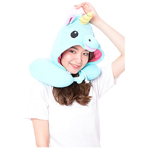  SAZAC Animal Neck Support Pillow - Soft, Cozy Travel Cushion With Adjustable Toggle - Attached Hood For Warmth And Privacy - Authentic Japanese Kawaii Design - Premium Quality (Blue Unicorn)