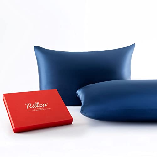  Rillza 100% Pure Mulberry Silk Pillowcase 2 Pack, Hidden Zipper(Navy Blue, King 20''x36'', 2 PC), Anti Acne Wrinkle, Soft Smooth, Premium Gift Box, Grade 6A Silk Pillow Case Set Of 2