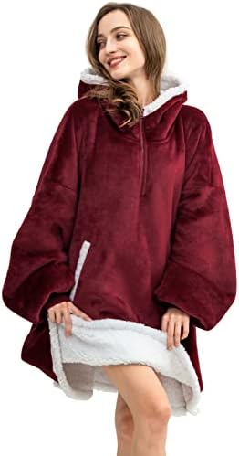  Oversized Wearable Blanket Hoodie For Adult, Thick Sherpa Sweatshirt With Elastic Sleeves And Giant Pockets Super Warm And Cozy Fuzzy Plush Fleece Blanket Jacket, Pink